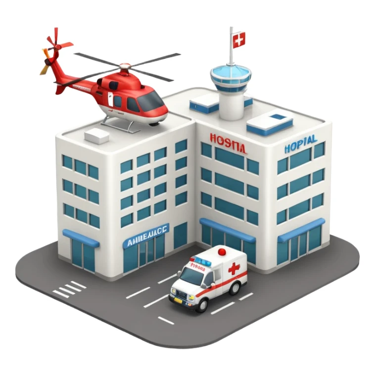 3d hospital outside, with text hospital, ambulance, helicopter , no background sticker