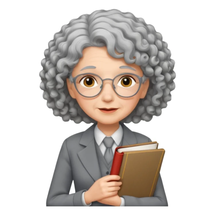 elderly female, curly hair, holding book, wearing gray suit sticker