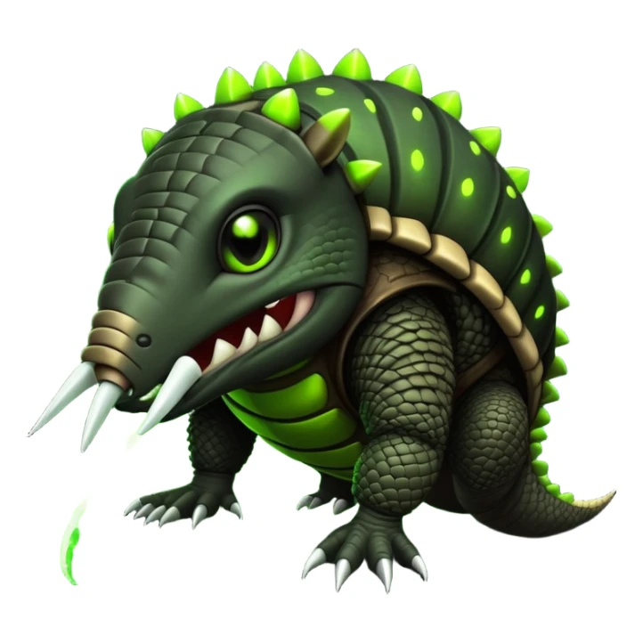 Biohazard armadillo. has black skin and a dark, segmented shell, with the middle sections of each segment glowing in a toxic lime green. The armadillo's face has a twisted, evil grin. His eyes are wide and intense, glowing in the same toxic green. sticker