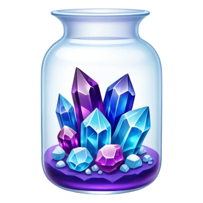 Close-up of vibrant crystals growing in a glass container on a table, with various colors like purple, blue, and clear. Some crystals are larger, while others are still forming. Soft light highlights their natural beauty. Background with a cozy indoor setting. sticker