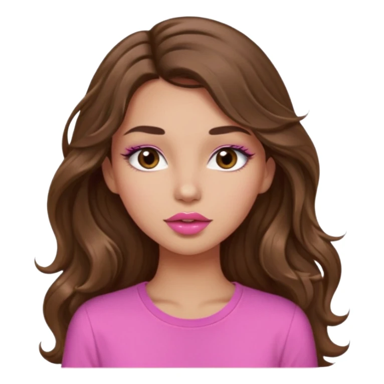 girl with long wavy brown hair, brown eyes, light to medium complexion, in a pink shirt, pink lips, long lashes,kissing sticker