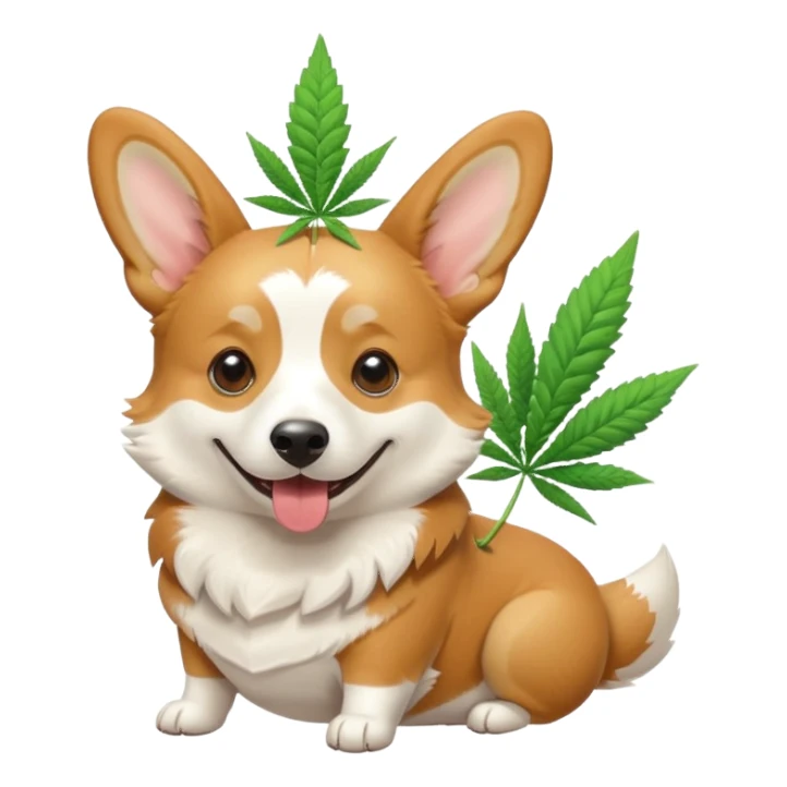 Tan and white Corgi with marijuana  sticker