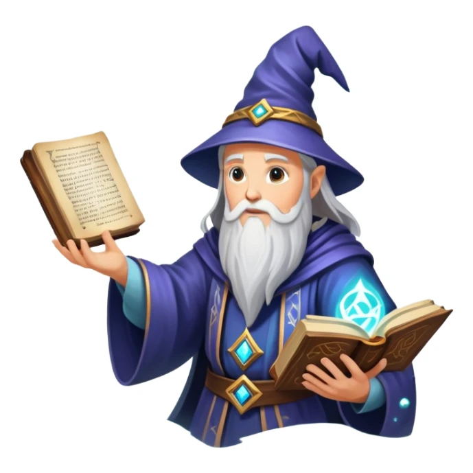 An icon representing an adventure game, inspired by mystical fantasy. The design features a wise and powerful wizard floating above an ancient spellbook, arcane runes glowing beneath him. The swirling cosmic background hints at deep magical knowledge, adventure, and untold power. Transparent background. sticker