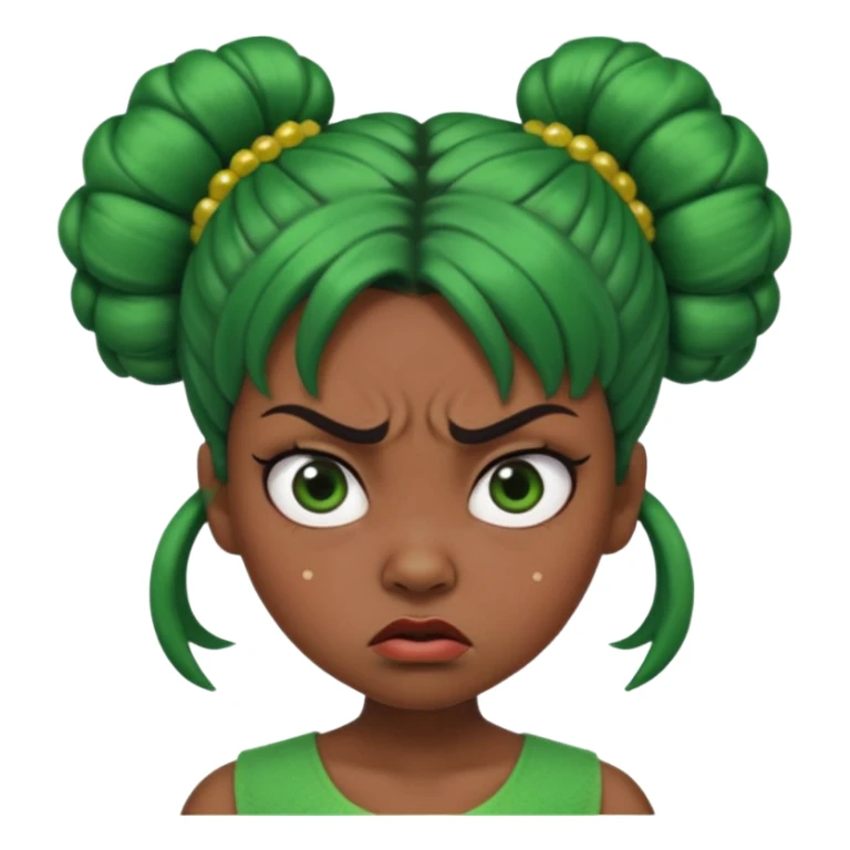 Create a 3D cartoon-style girl character with dark skin, round face, angry expression, big wide eyes, and tightly styled double buns made of green beaded hair. The girl should look irritated, eyebrows sharply angled, and lips pressed in a frown. sticker