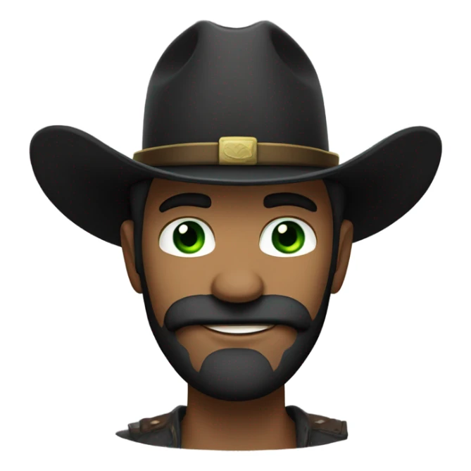 Light complected, black beard man with a black mustache, green eyes and wearing cowboy hat sticker