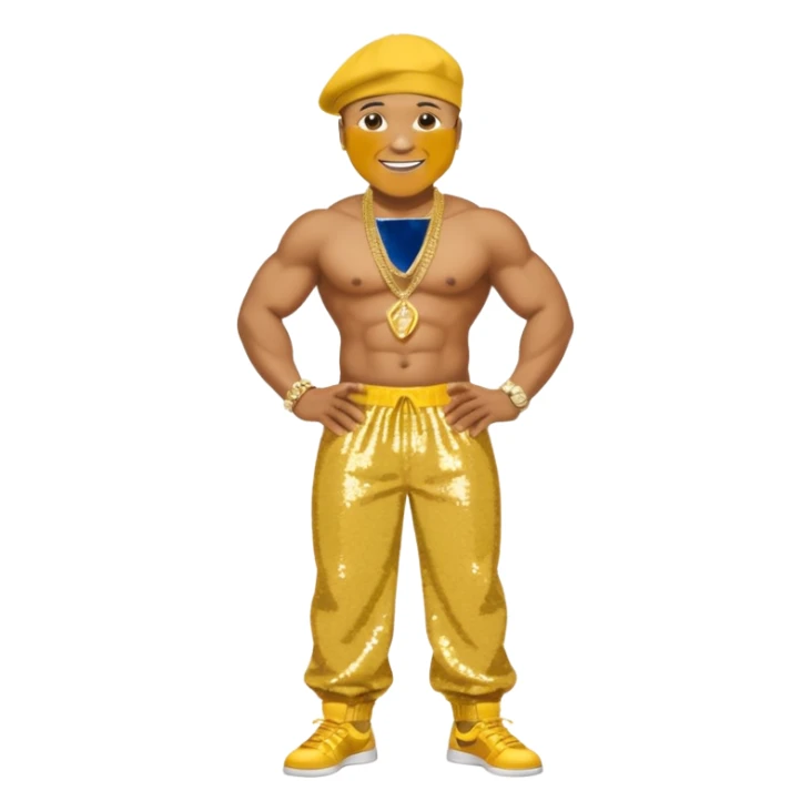 LL Cool J with yellow sequin baggy pants, shirtless with necklace sticker