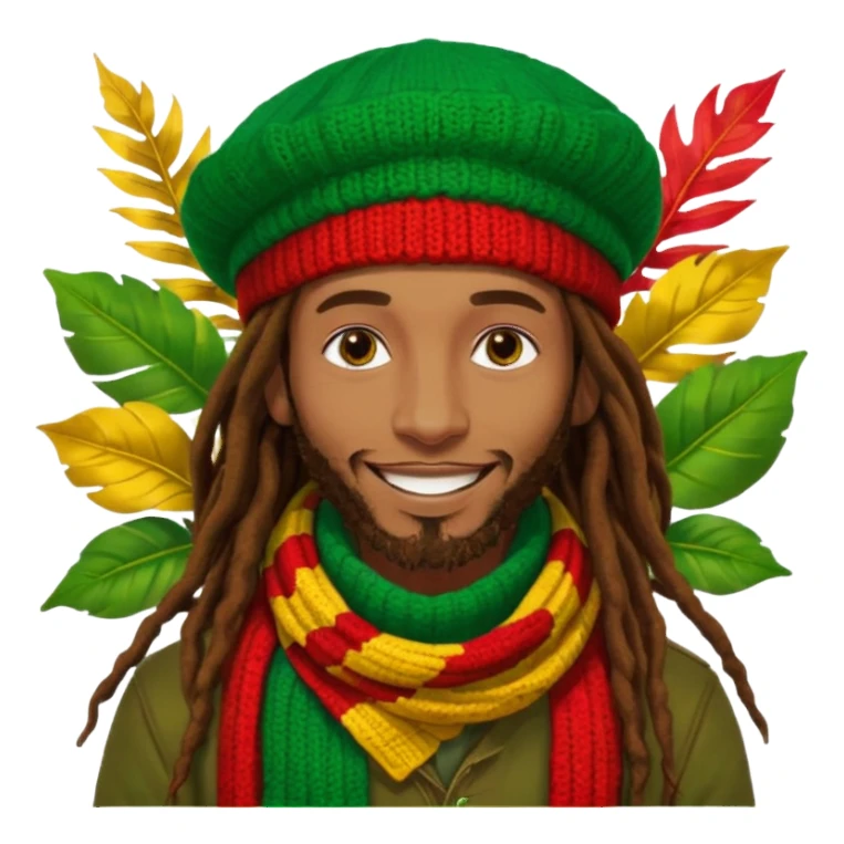 “Create a powerful illustrated portrait of a smiling man with long dreadlocks, wearing a colorful red, gold, and green knitted tam. The background has jungle leaves and warm lighting. Style: vibrant digital art, modern, bold lines, reggae vibe. With a Amsterdam colour scarf around his neck sticker