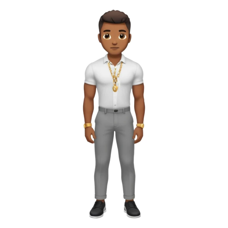 Handsome Black guy with brown skin tone, with lean muscular build, wearing gray slacks, a white button up top, black shoes, and a small gold chain sticker