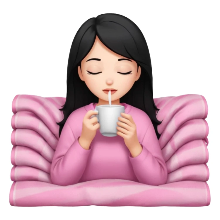black haired girl inside a pink blanket sipping coffee with eyes closed and lashes sticker