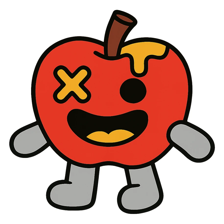 plush apple character with light grey arms and legs, left eye is an X, yellow ichor dripping from stem, big smiling mouth, no leaf sticker