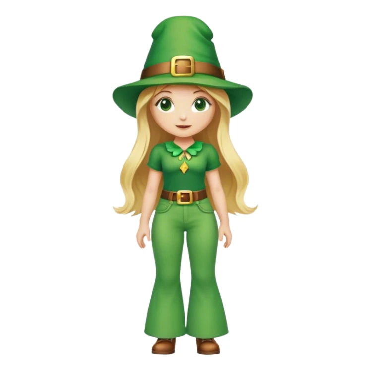 Blonde haired girl in green bell bottoms and leprechaun hat sticker
