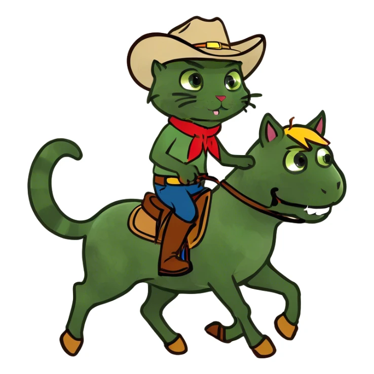 cat riding a horse with cowboy clothes sticker