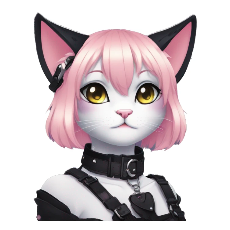 Gorgeous sparkly legendary gradient gothic dark techwear anime style anthro cat with blushing face aesthetic and pretty edgy black with collar and harness trending style sticker