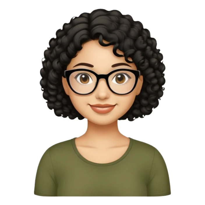 Latina in her early 30s with light tan complexion. Round face with prominent cheeks. Smiling with visible dimples. Dark eyes with black-framed glasses. Short defined curly black hair. Wearing a casual olive green top. sticker
