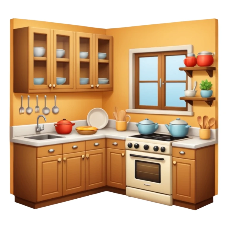 A cozy home kitchen in clean emoji-style illustration. Warm colors, simple shapes, homemade dishes on the counter, friendly atmosphere, flat design, high contrast, clear outlines. sticker