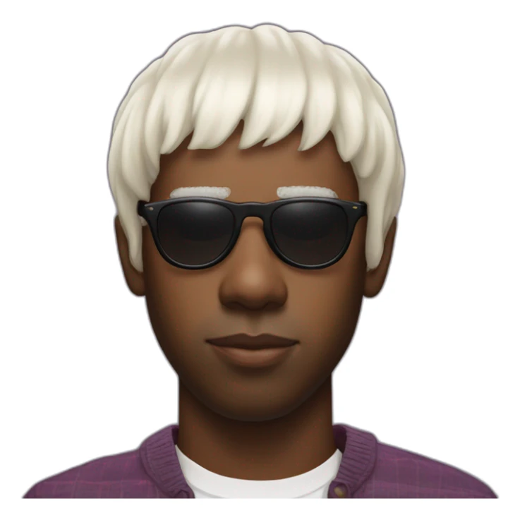 tyler the creator with a short white wig and dark sunglasses looking with a sstraight face sticker