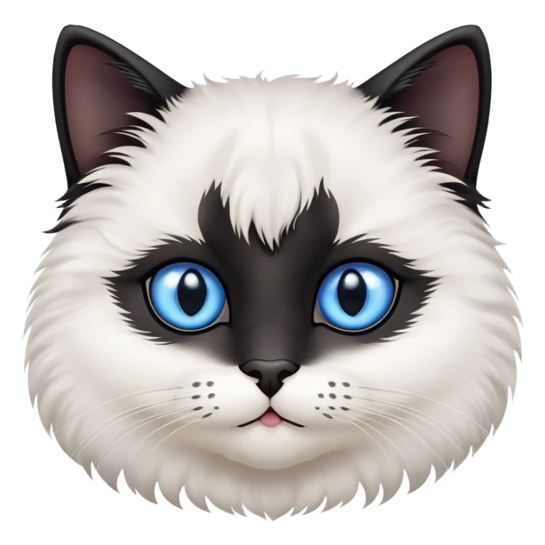 cute fluffy black cat face with big blue eyes, more natural cat face shape, not too round, still adorable sticker