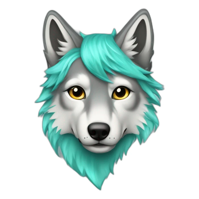Grey wolf head with a star tatoo ocer his right eye, he have a turquoise glamrock mullet haurcut sticker