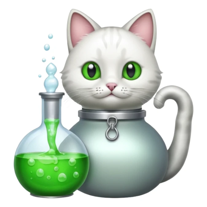 Sleek cat wearing a white coat, paw on a bubbling flask. sticker