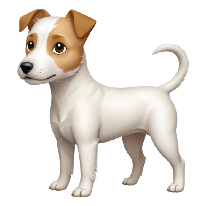 a full body white parson russell looking dog the size of a kelpie with light brown ears and a light brown patch on one eye and a large snout sticker