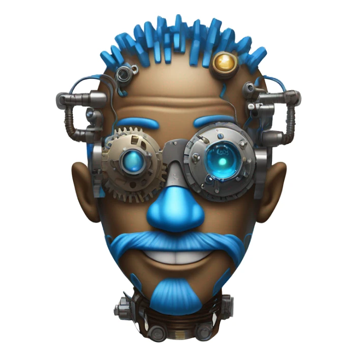 Brown cyborg head with blue Mohawk, blue beard, silver steampunk monocle goggles a smile and circuits sticker