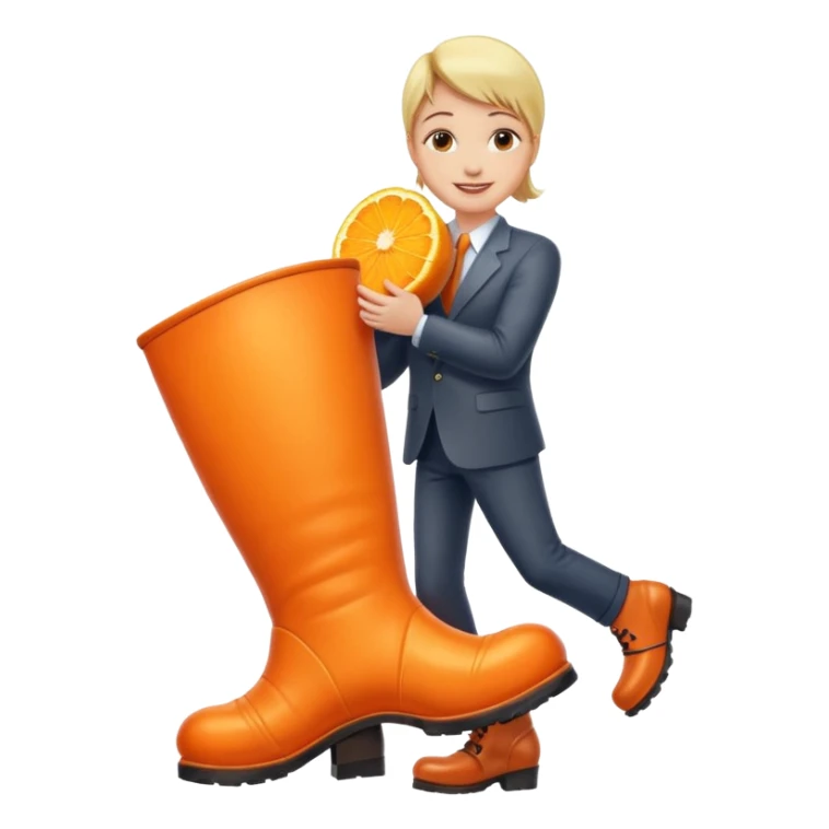 Office worker kissing a boot that is giant and orange sticker