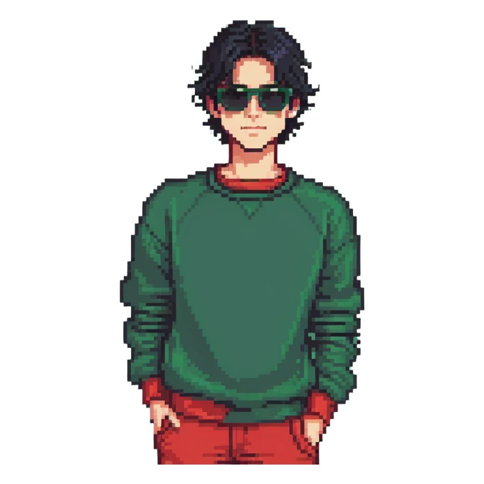 A guy in a red sweatshirt with sunglasses, with stylish black hair, stands in a cool pose sticker
