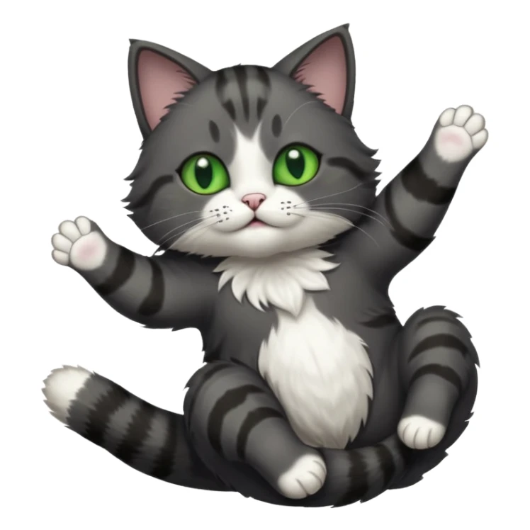 dark grey cat with green eyes, white toes/paws and white patch on her chest playfully rolling upside down sticker