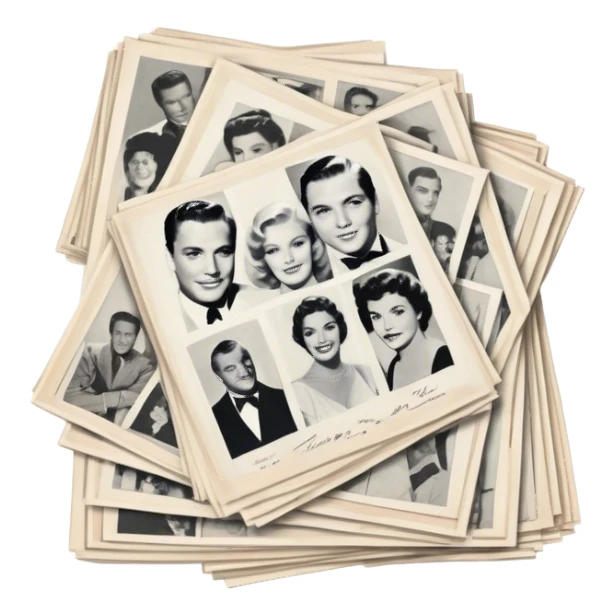 Icon for Autograph Collecting: several vintage framed with signatures of famous celebrities sheets stacked one on top of the other, each . The icon should evoke the charm and history of collecting autographs. Transparent background. sticker