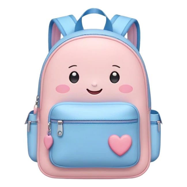 Cute Kawaii Backpack, round and chubby, soft pastel pink and blue, tiny heart-shaped zippers, blushing cheeks, a tiny smiling face, a happy school-time companion! sticker