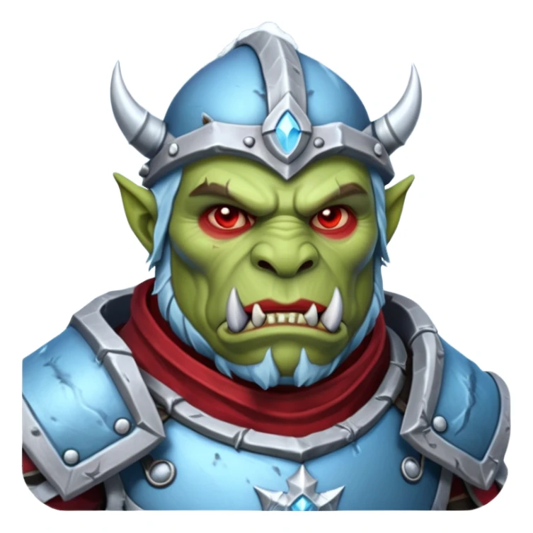 
Fantasy Christmas orc legion soldier icon, iron tundra army theme, heavy winter armor, disciplined brutal look, icy blue steel armor with deep crimson accents, frozen metal texture, cold winter atmosphere, male variant sticker