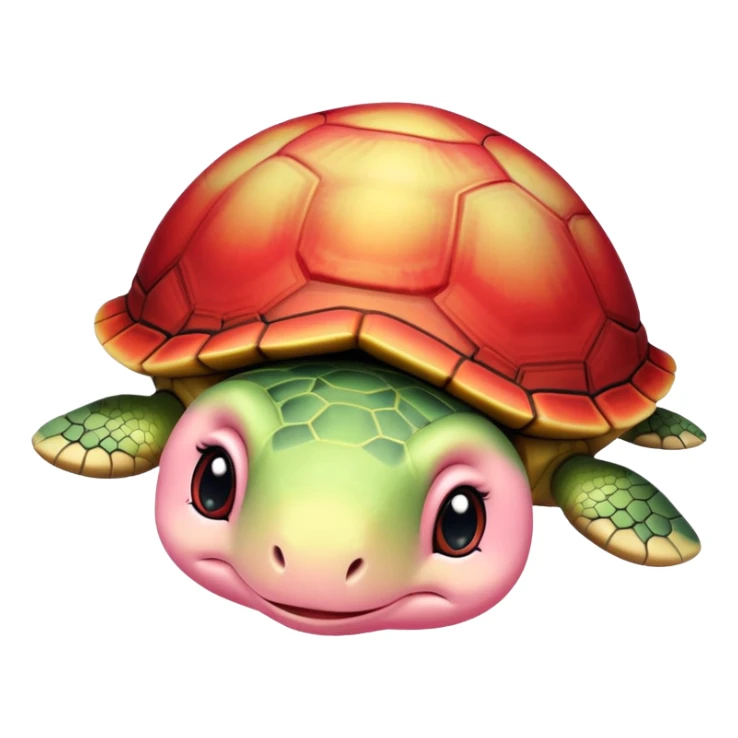 cute plushie turtle with light pink skin, round head, and red shell, smooth skin texture sticker