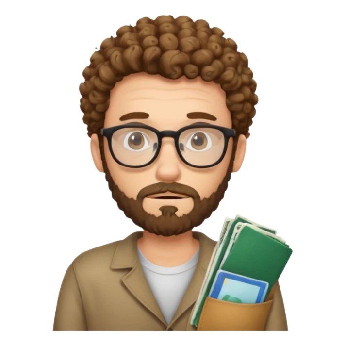 curly skinny guy with bear and glasses, poor and greedy with the pockets empty sticker