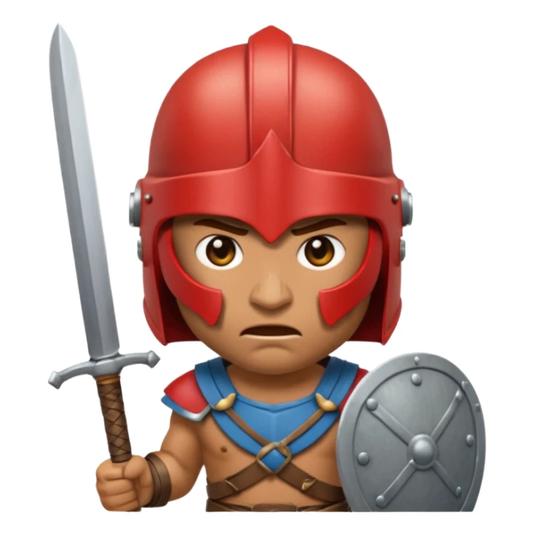 Emoji portrait of an entertainment slave (gladiator). He has an angry expression and wears a helmet, holding a short sword. sticker