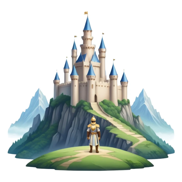 An icon featuring a hero with a closed visor, standing in a majestic, mystical landscape, inspired by RPGs like Elden Ring. The design includes a stunning, ethereal background with towering castles and distant mountains, symbolizing the adventure and mystery. Transparent background sticker