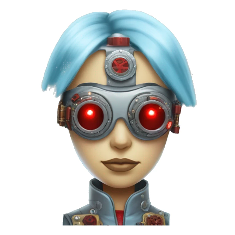 Light blue long hair female cyborg head with red steampunk goggles and circuits sticker
