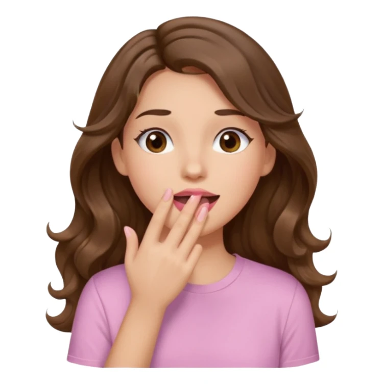 girl with wavy long brown hair, brown eyes, light to medium complexion, long lashes, light pink lipstick, wearing light pink shirt, sexy, gigling hand covering mouth sticker