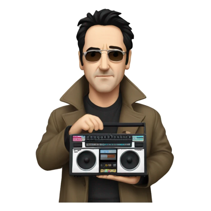 john-cusack-holding-boombox-above his head wearing trench coat  sticker