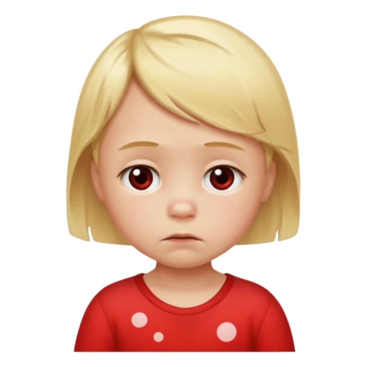 bebe com bolinhas vermelhas pequenas pelo corpo de tamanhos variados e loiro com cara de triste sticker