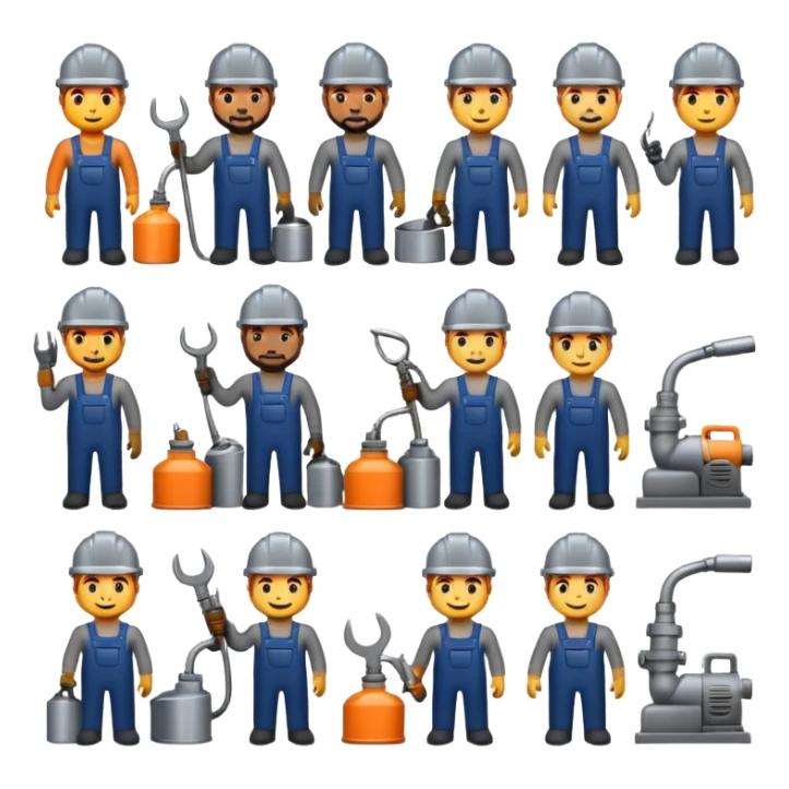 Professional custom emojis of industrial workers: welder, grinder, CNC operator, spray painter, metalworker. Modern, clean, slightly 3D style. Industrial color palette: steel gray, navy, orange. Transparent background sticker
