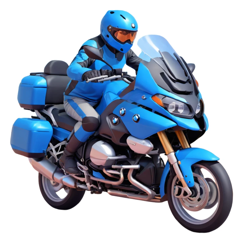 blue BMW RT1200 touring motorcycle with rider on open road sticker