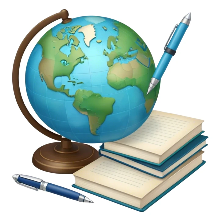 Create an emoji representing language translation. The design should feature just one globe in the background, symbolizing international communication. In front of the globe, place two books or sheets of paper with texs on them and a pen nearby to indicate the act of writing. Use a clean and professional color palette with blues, greens, and neutral tones. Make the background transparent. sticker