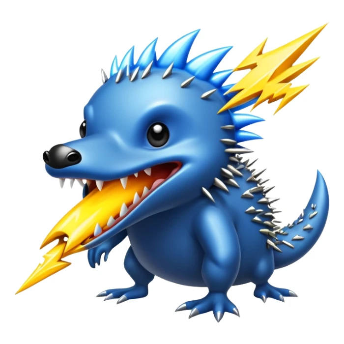 a fantastical dangerous and spooky electric platypus merged with a hedgehog with sharp teeth, metal electric spikes, and strong fangs, electricity and lightning coming, menacing look, yellow and blue lightning bolts sticker