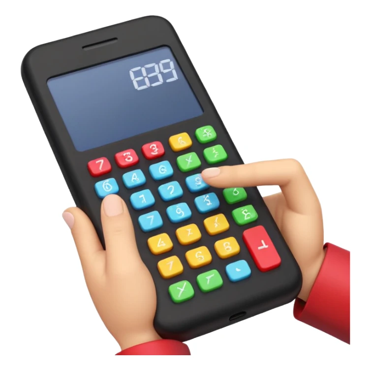 3D iPhone style emoji of a person using a calculator, finger pressing colorful buttons, digital display showing numbers, isolated on white background, soft shadows, high detail, playful and cute. sticker