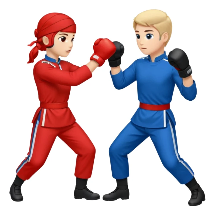 two peope sparring, red uniform and blue unidorm sticker