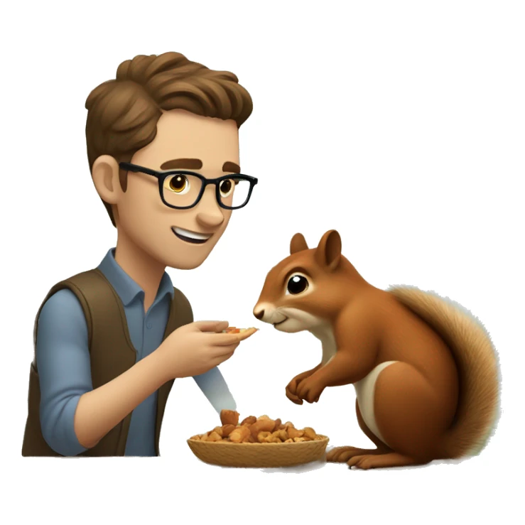 A man with brown hair, glasses and fair skin, feeds a squirrel sticker