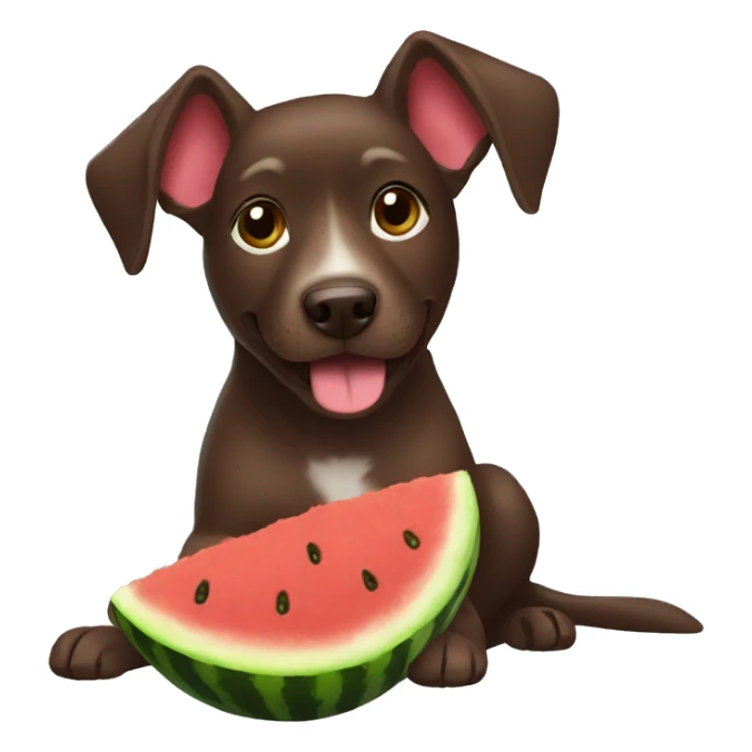 chocolate brown dog with short hair eating a watermelon sticker