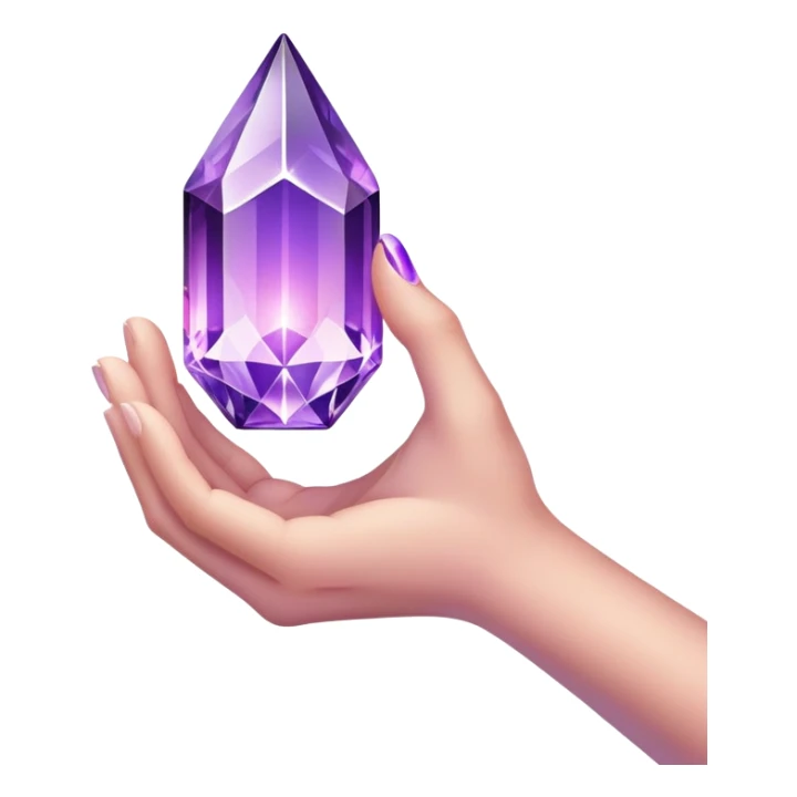 Pov white tone skin hand holding a purple glowing crystal refracting light.  Only the hand should be displayed, nothing else.  sticker