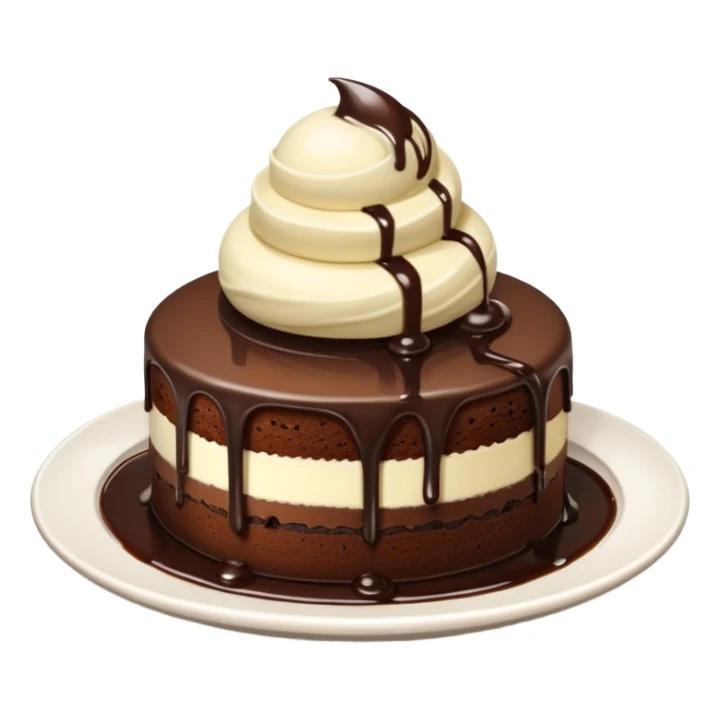 round chocolate cake with vanilla ice cream, chocolate syrup, white plate, cute and appealing, no face emoji style sticker