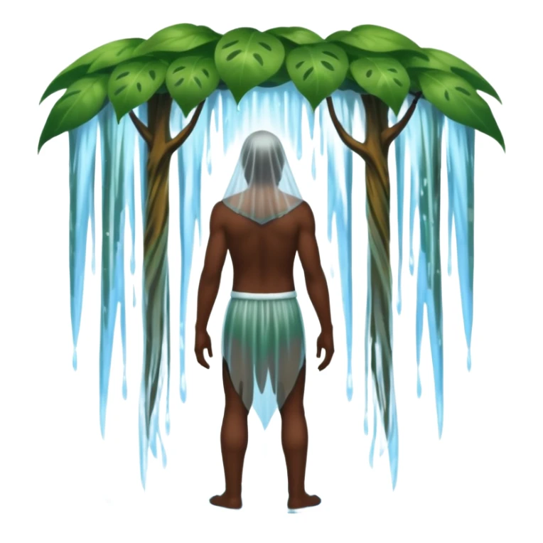 full body dark skin forest spirit man from behind under waterfall veil sticker